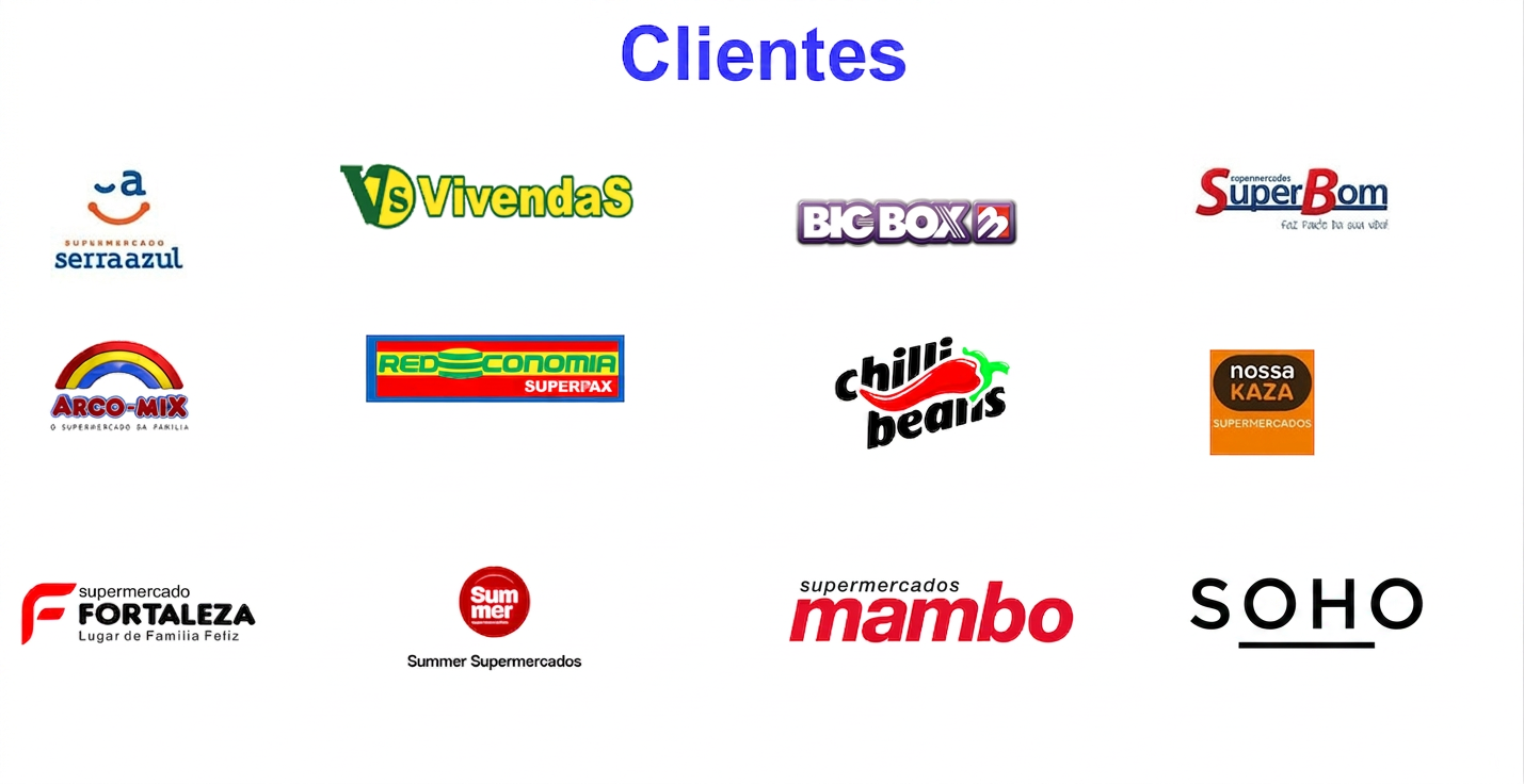Clientes Lucrotech: Serra Azul, Vivendas, Big Box, Super Bom, Arco-Mix, Red Economia Superpax, Chilli Beans, Nossa Kaza, Fortaleza, Summer Supermercados, Mambo, Grupo Barra Oeste